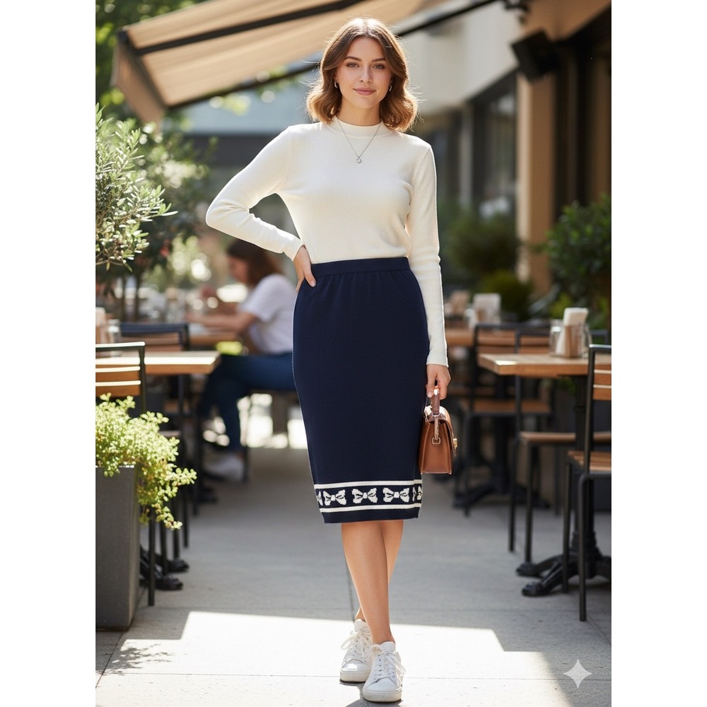 J. Christopher Vintage Navy Blue Cotton Knit Bow Hem Midi Skirt Small‎ USA Made